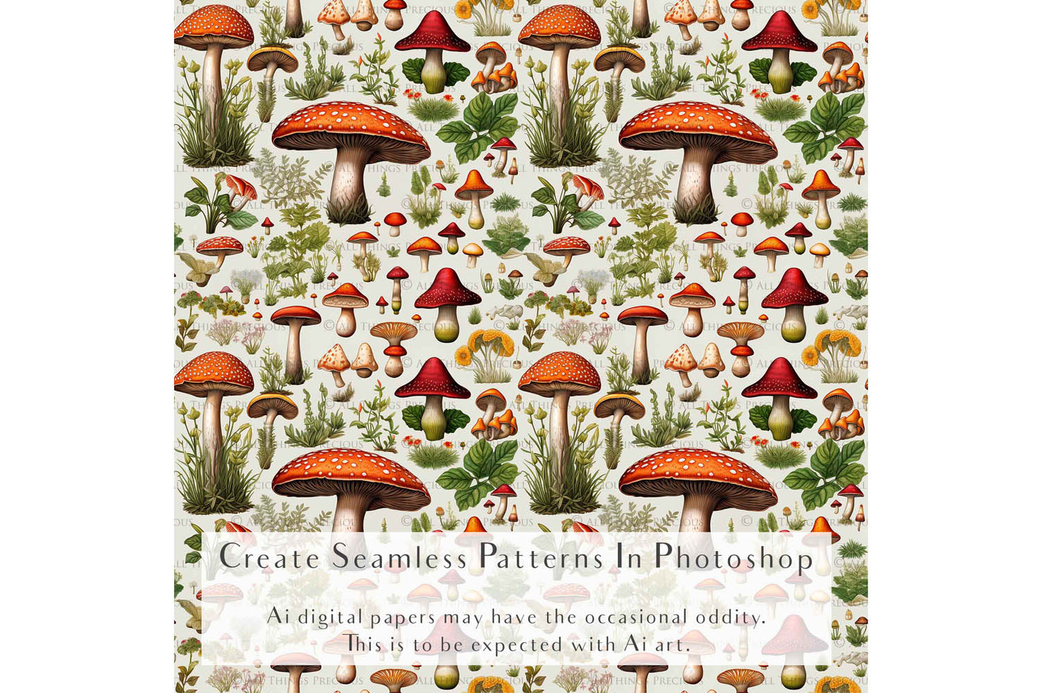 Digital scrapbooking paper. High resolution, Background, printable, print. Botanical mushroom Scrapbook, pattern. Seamless pattern.