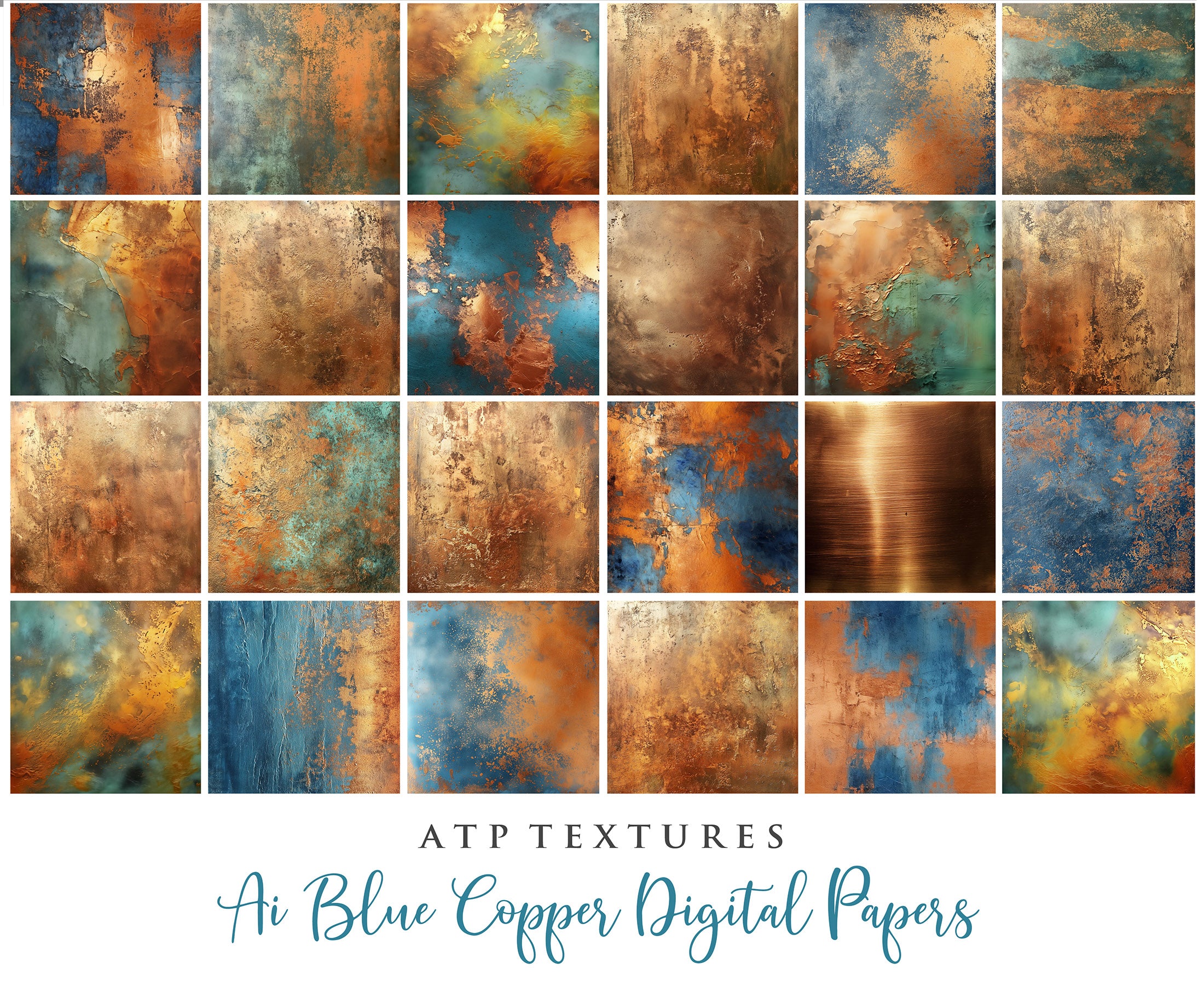Copper Blue Green Textured Digital Scrapbooking Papers. Each Paper is 300dpi and 4000 x 4000.These are in Jpeg format and high resolution. They average between 4MB to 7MB each. Find Actions, Presets, Overlays, Flares and many quality graphic effects for Photography and Photoshop. ATP Textures.