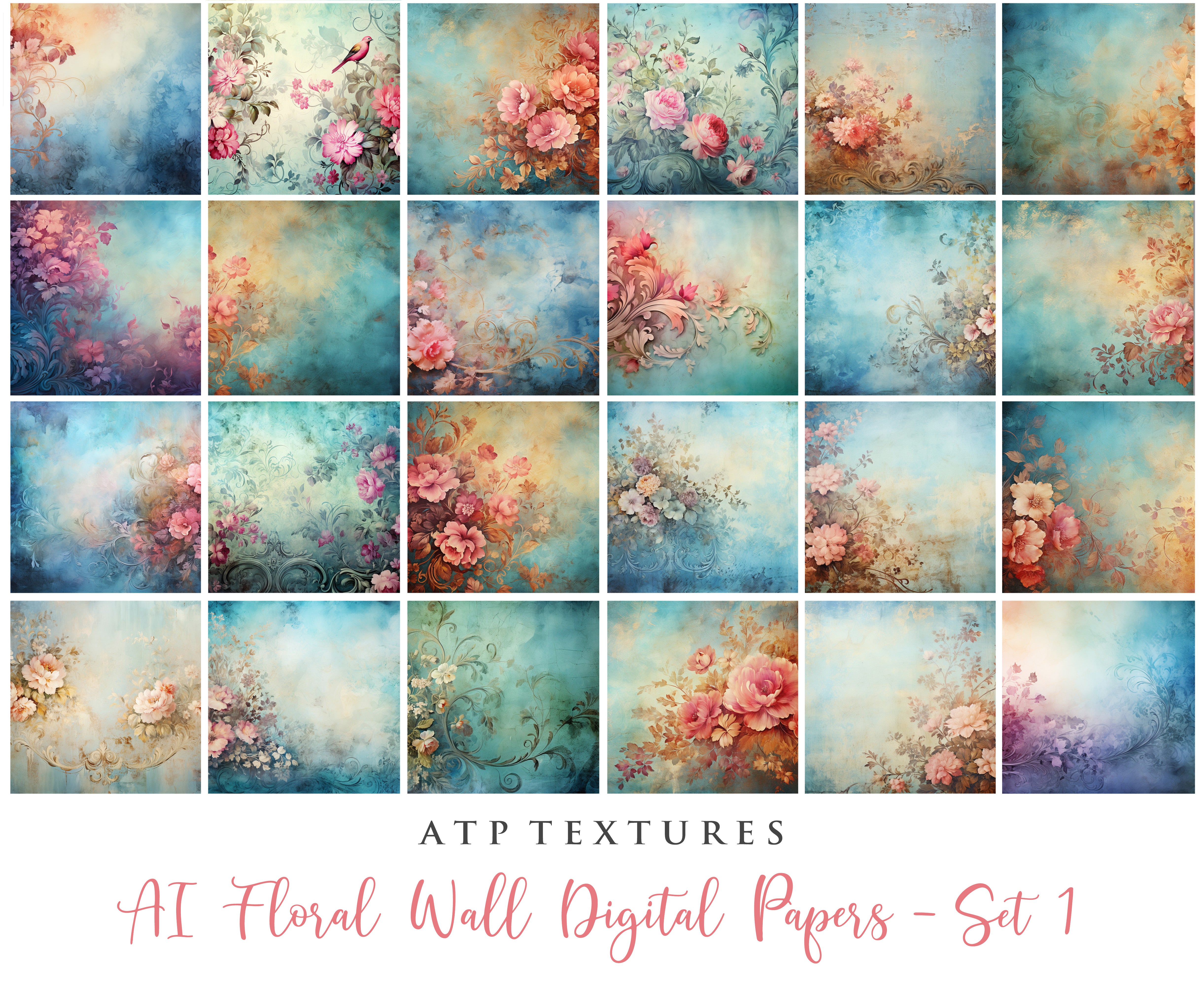 Digital Scrapbooking Papers. Each Paper is 300dpi and 4000 x 4000.These are in Jpeg format and high resolution. These files average between 4MB to 7MB each. This is a digital product. Floral Grunge Wallpaper in Soft Blue, green and pink colours. ATP Textures