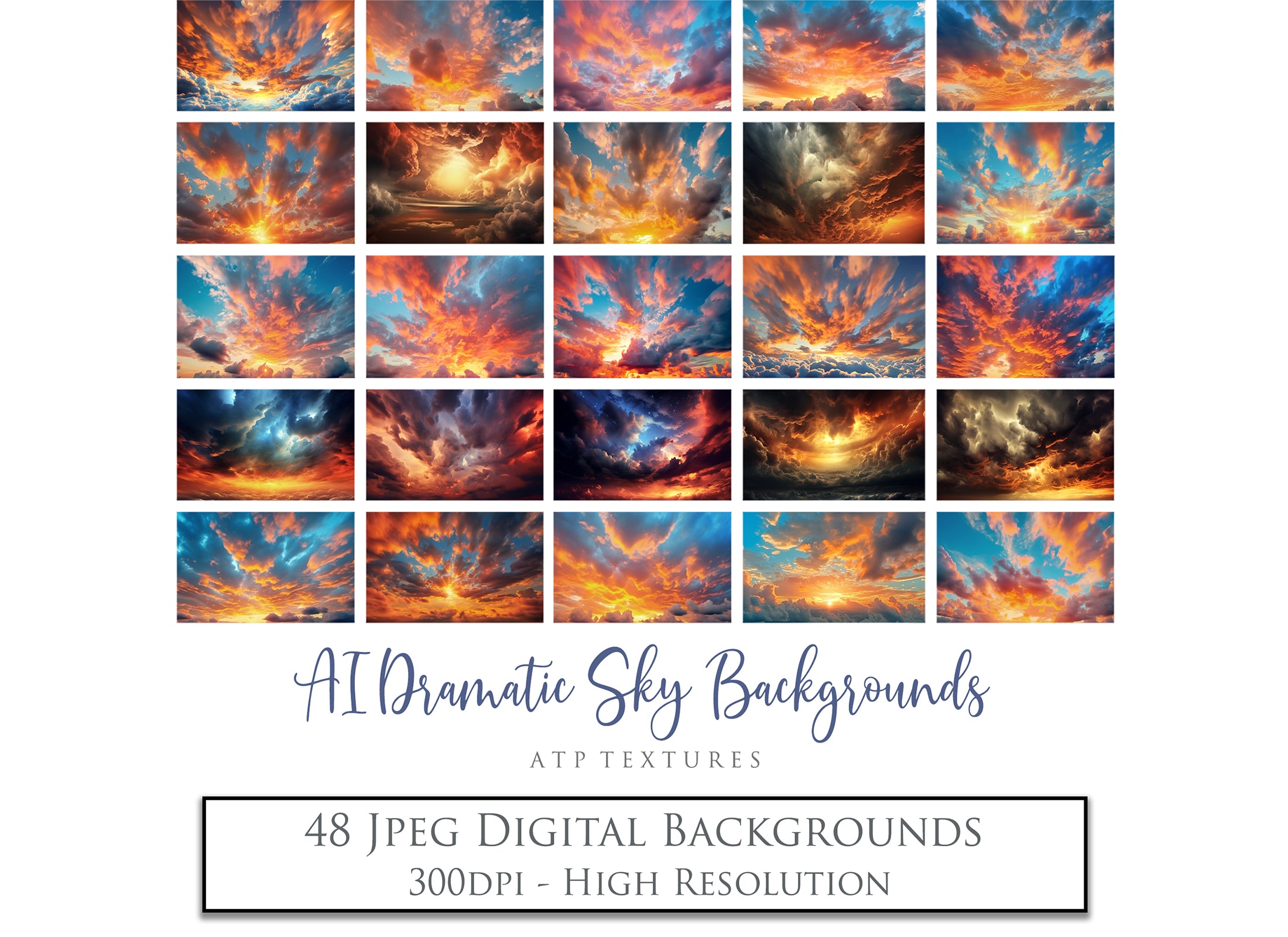 Dramatic Sky Overlays. Digital Backgrounds for Photographers. Add to your images for a dramatic sky effect. Each Digital file is 300dpi. All are 3500x6000.  These are in Jpeg format and high resolution. Find more at ATP Textures store!