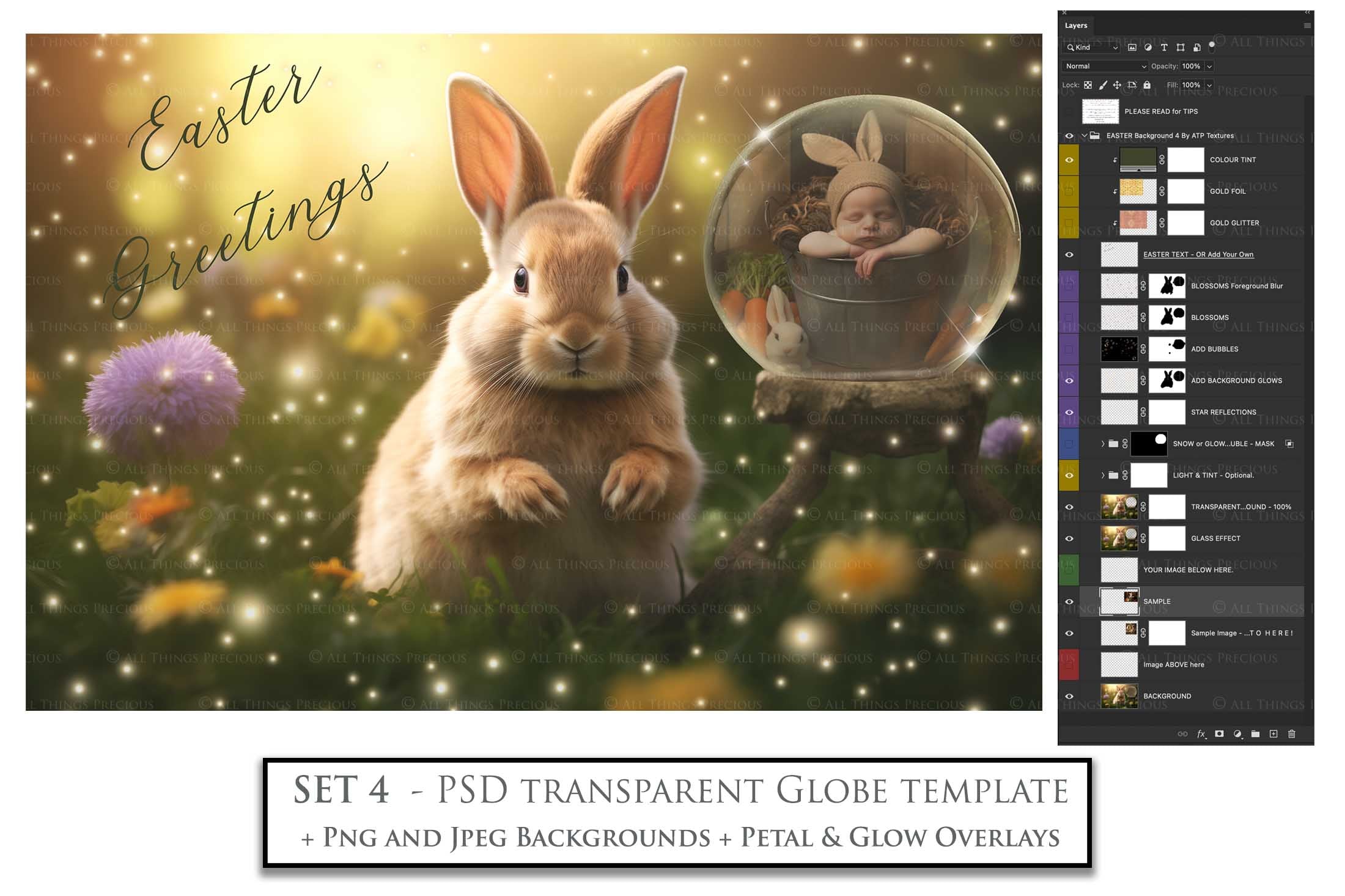 Easter bunny Announcement PSD template and Overlays. Digital Background, with Glows and petals. The globe is transparent, perfect for you to add your own images and retain the glass globe effect.This file is 6000 x 4000, 300dpi. Photography, Scrapbooking, Png, Jpeg, Psd. ATP Textures.