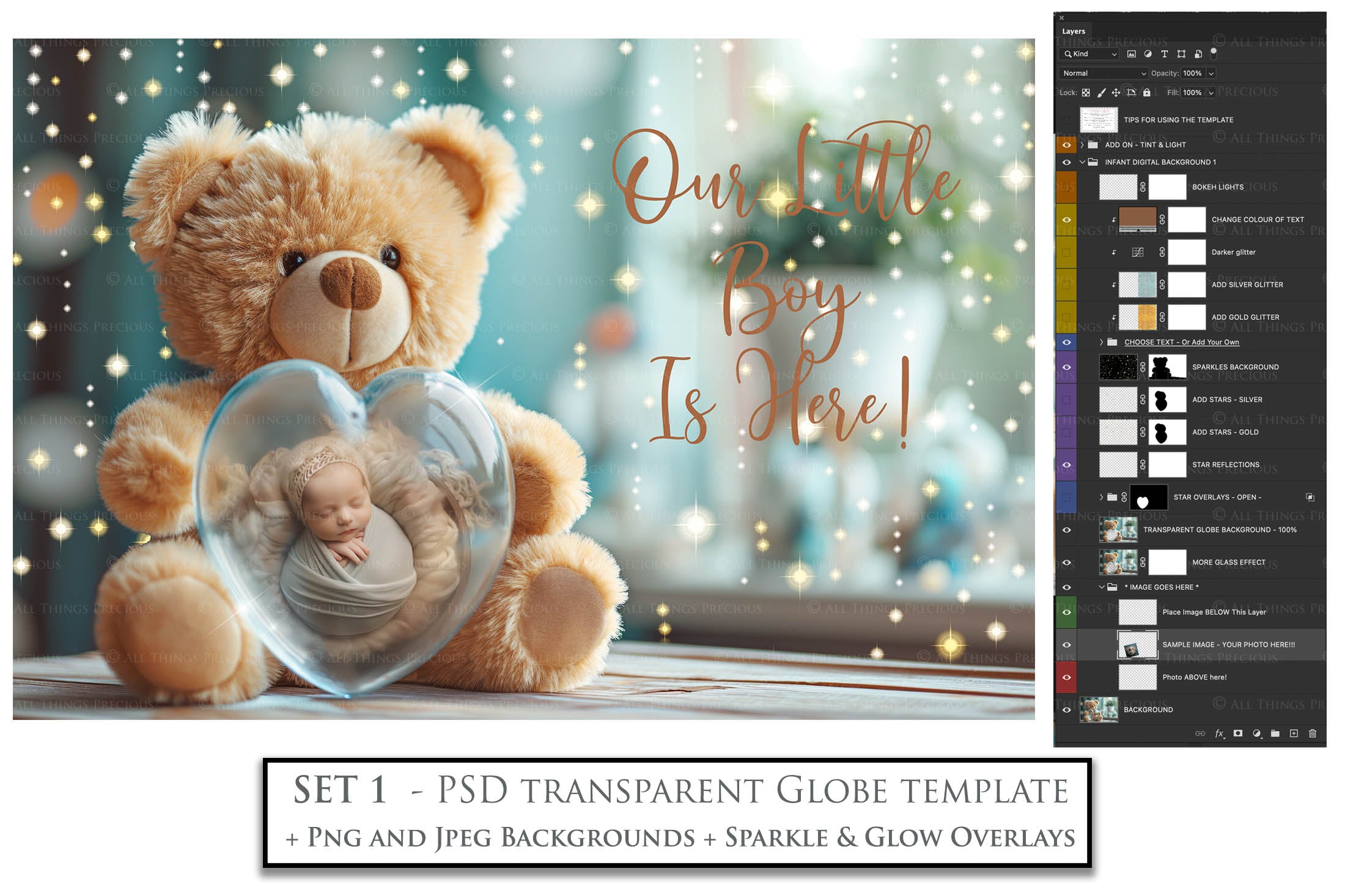 Newborn, Baby, Infant Announcement PSD template and Overlays. Digital Background, with Glows and petals. The heart shaped globe is transparent, perfect for you to add your own images and retain the glass globe effect.This file is 6000 x 4000, 300dpi. Photography, Scrapbooking, Png, Jpeg, Psd. ATP Textures.