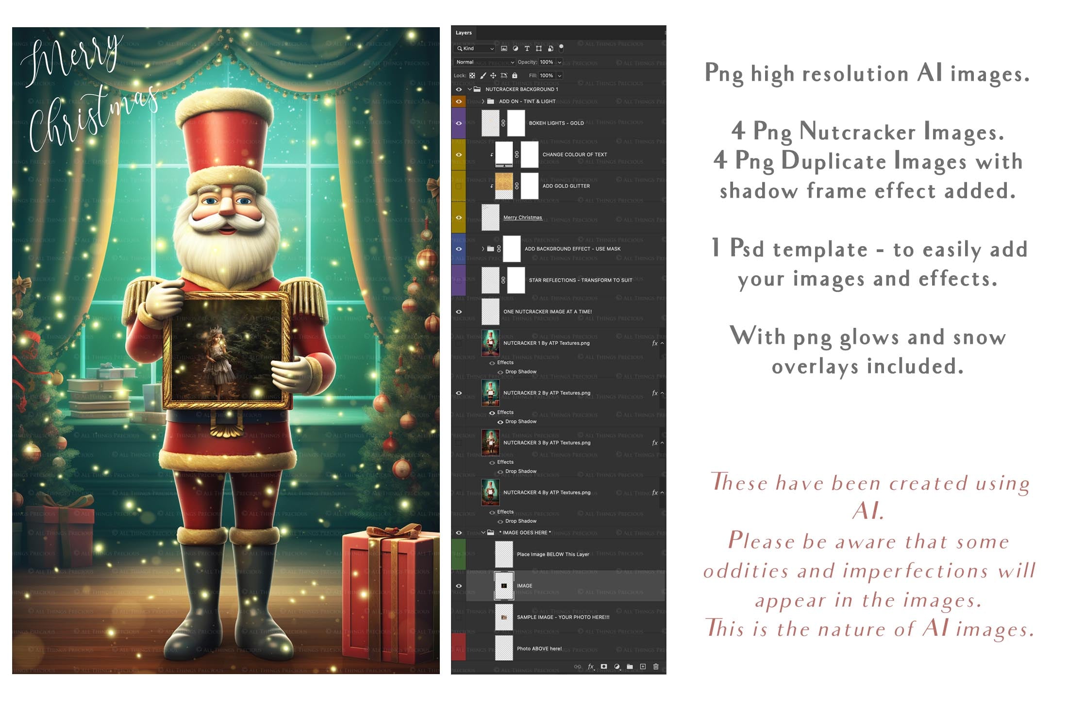 Christmas Nutcracker Frame Background, with glows, snow flurries and a PSD template included in the set.  The frame transparent, perfect for you to add your own images. This file is 4000 x 6000, 300dpi. Photography, Scrapbooking, Photo Overlays, Png, Jpeg, Psd. ATP Textures.