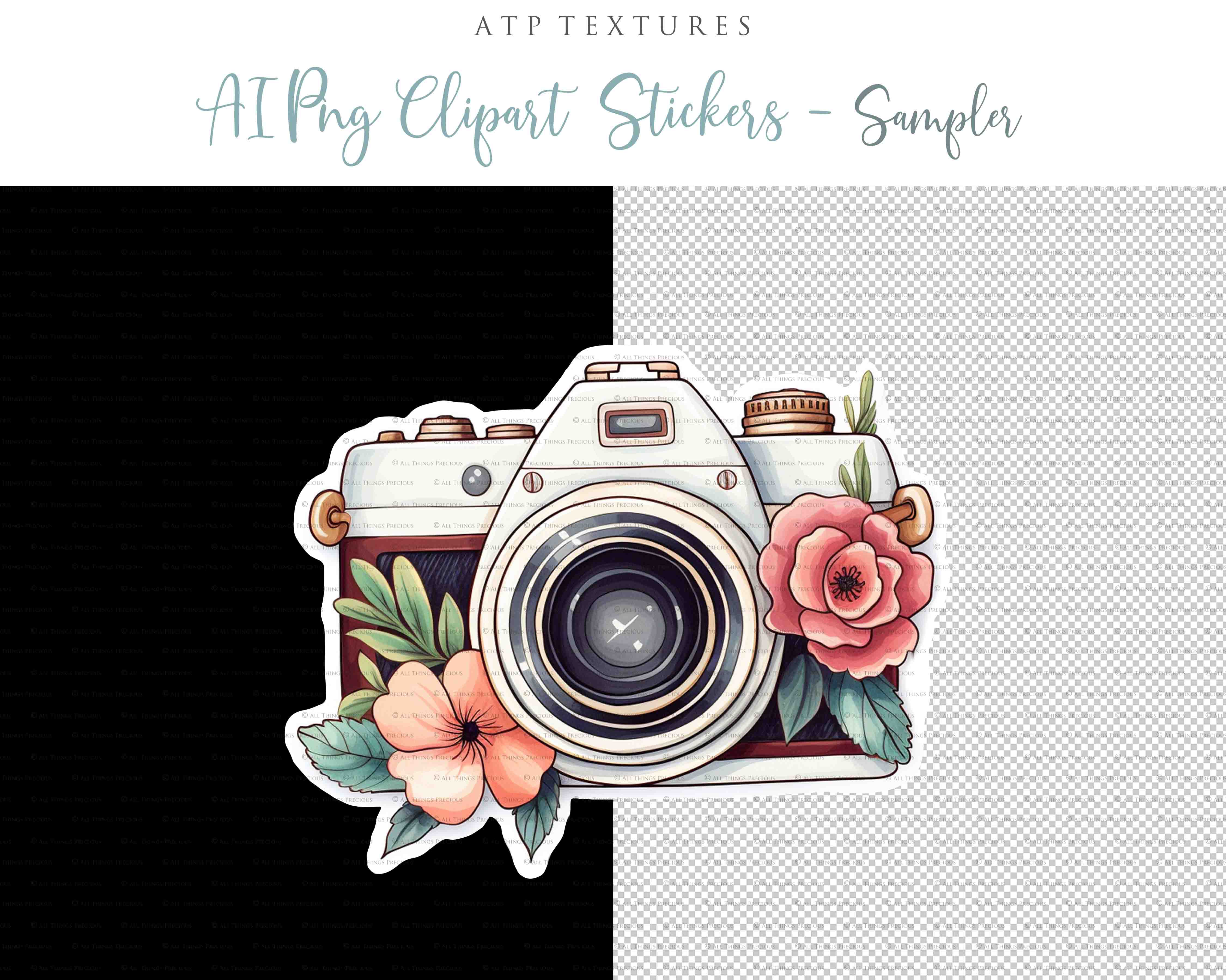 Vintage camera Png clipart. For Scrapbooking, Sublimation Print and Card making. 300dpi. High resolution. If you want to print your completed artwork, you can! These are PNG Transparent files, high resolution and 300dpi. AI Digital Art.