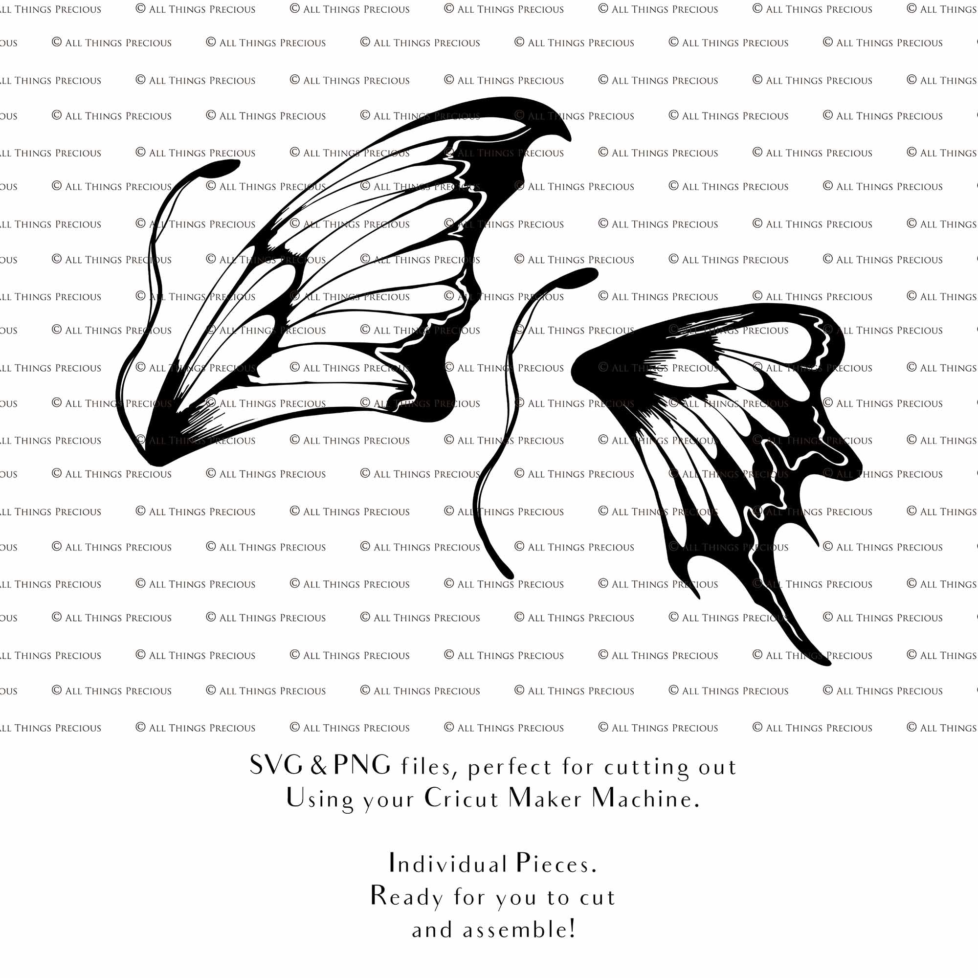 SVG & PNG Fairy Wing files for Cricut or Silhouette Cameo Cutting Machine. To create wearable fairy wings, in adult or children sizes. Simply load the design into design space for Cricut, re size and you are set to go!  These are Individual Wing Pieces, for you to cut and assemble. This is a DIGITAL product. 