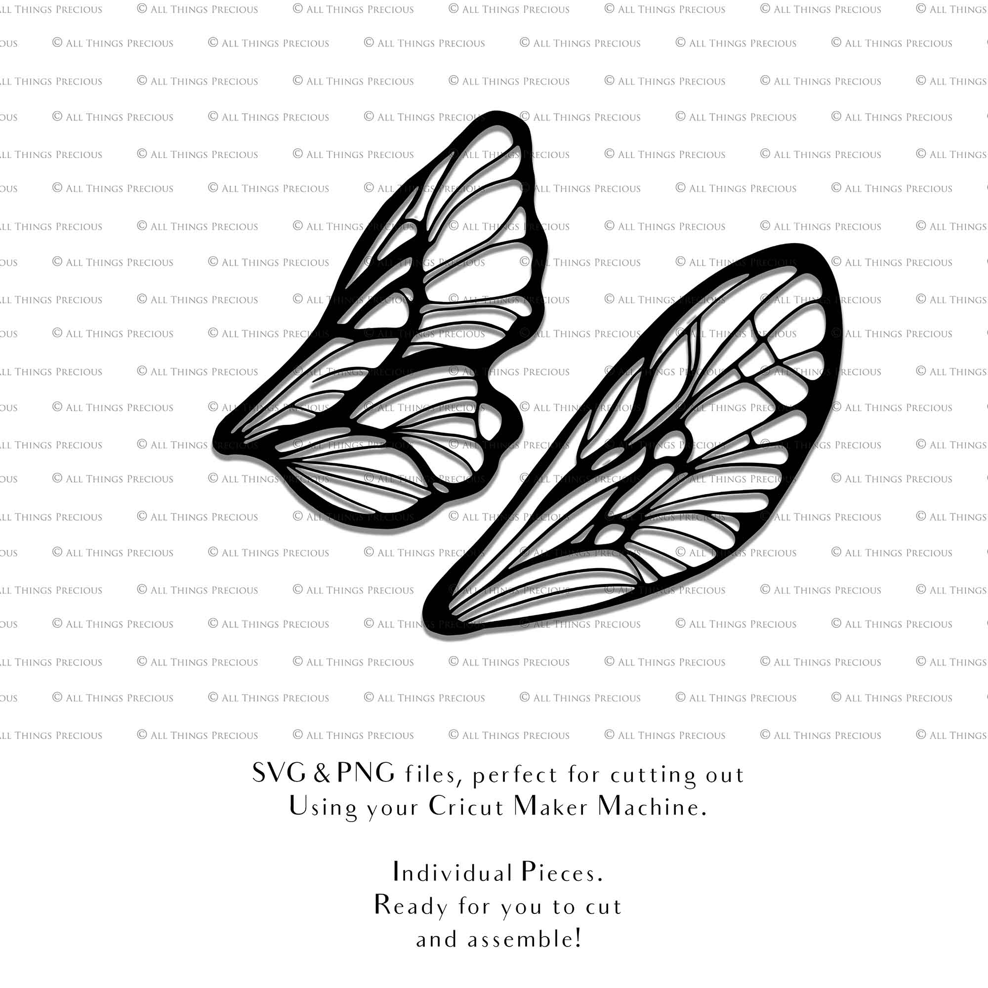 SVG & PNG Fairy Wing files for Cricut or Silhouette Cameo Cutting Machine. To create wearable fairy wings, in adult or children sizes. Simply load the design into design space for Cricut, re size and you are set to go!  These are Individual Wing Pieces, for you to cut and assemble. This is a DIGITAL product. 