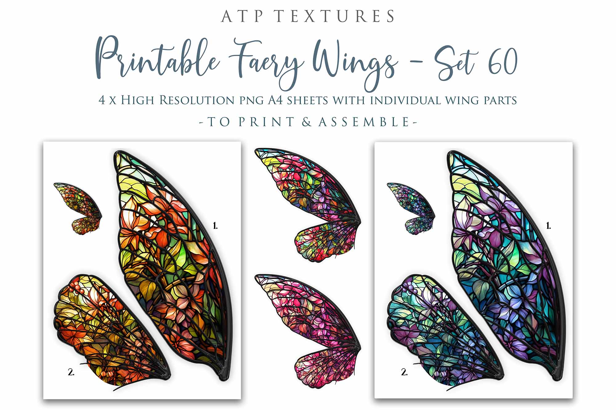 Printable Wings template. For Adult sized wings, child wings, Art dolls. Fairy wings for cosplay. Faerie fantasy, festival, halloween, Costume. Print and assemble. Pattern for making fairy wings.  High resolution Files. Png Overlays. Stained Glass.