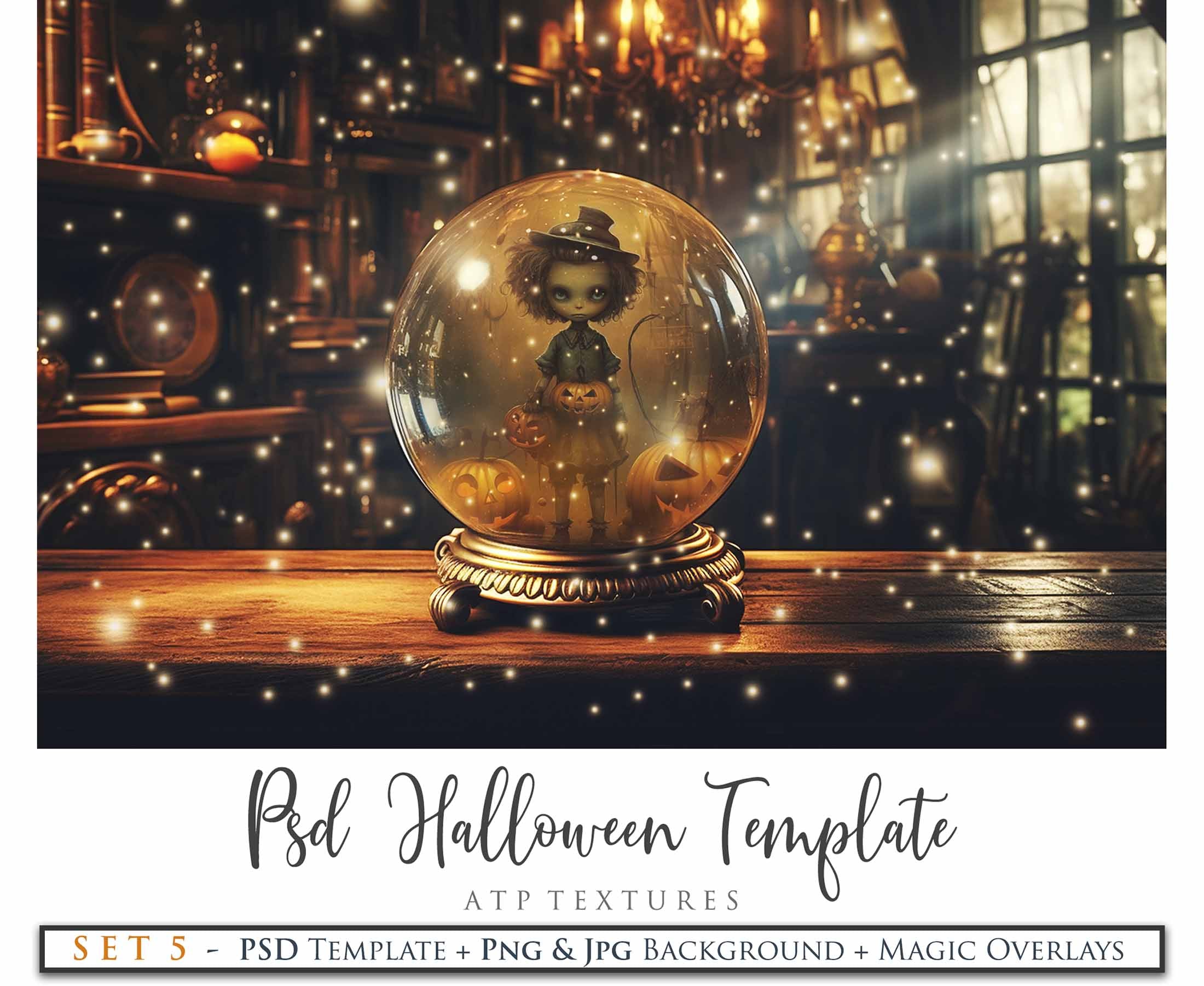 Magical Halloween Template Background. Snow globe with overlays. Add a photo to the digital background. Glass Effect Ornament bauble. Jpeg and Png copies. With magic overlays included. High resolution, quality files for photography, scrapbooking. ATP Textures.