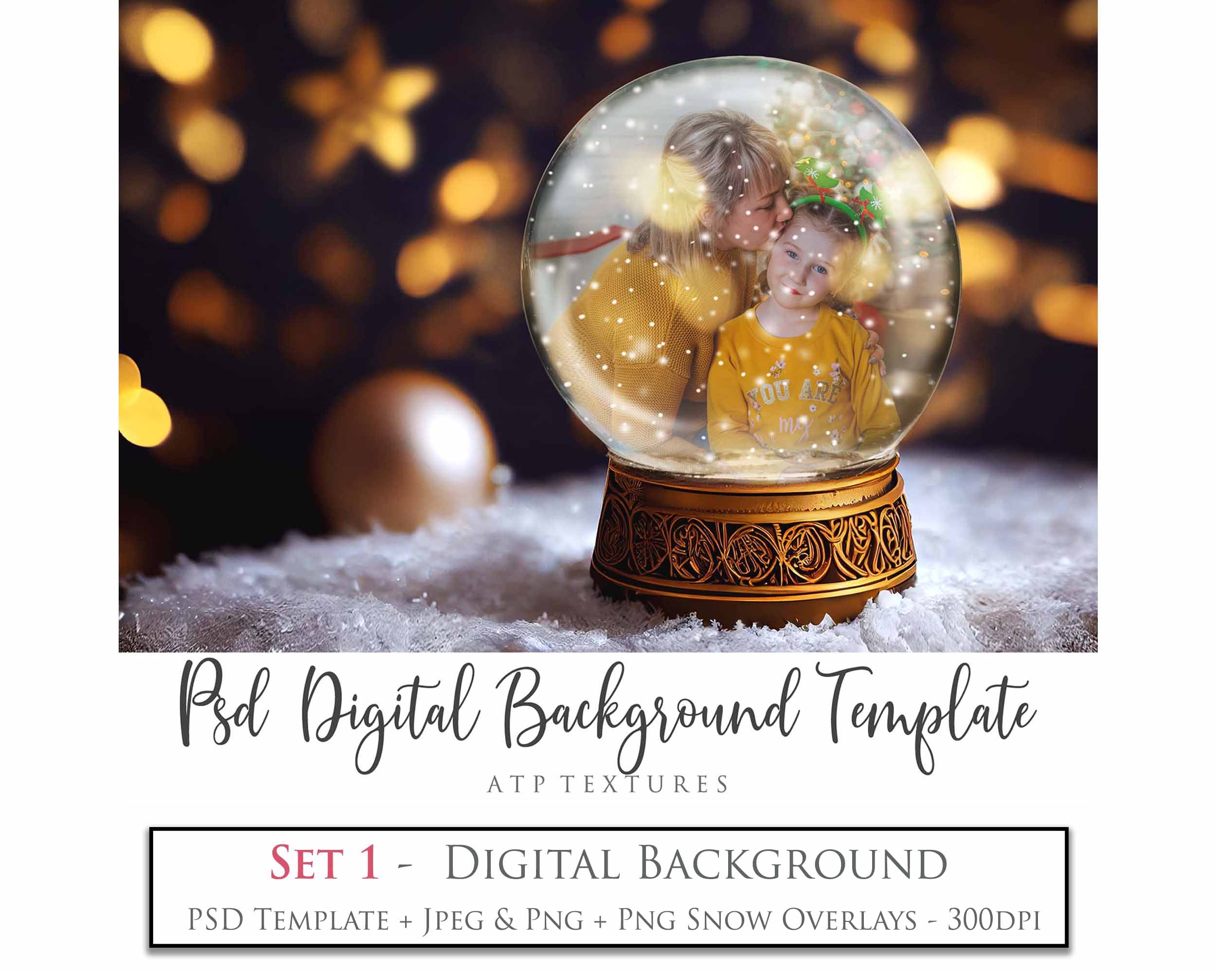 Digital Snow Globe Background, with snow Overlays and a PSD Template included in the set.The globe is transparent, perfect for you to add your own images and retain the snow globe effect. Printable Card for Christmas with Santa Window or Glass Globe. ATP Textures