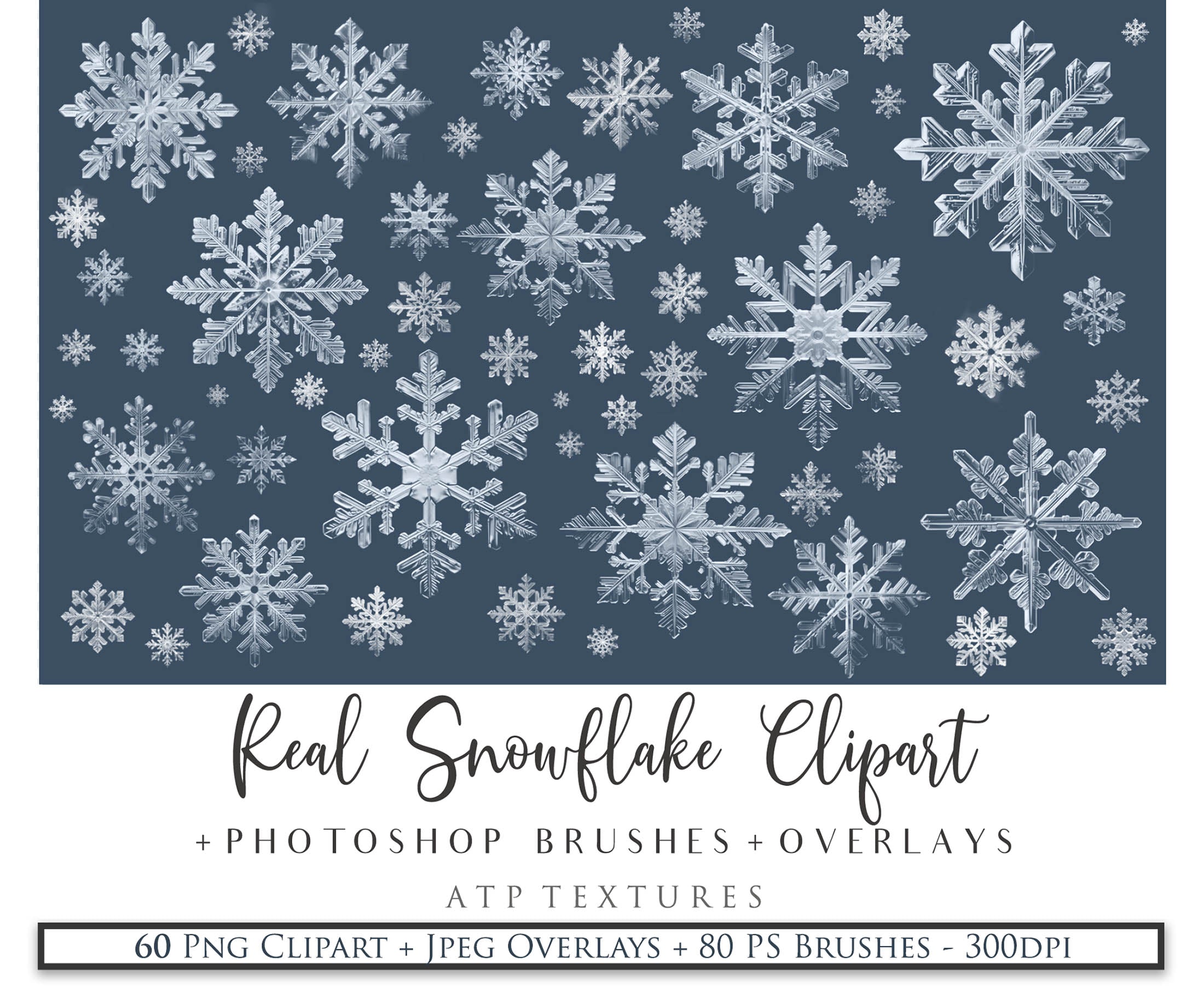 Real Snowflake Overlays & Brushes! A gorgeous addition to your beautiful photography, scrapbooking or digital art work! This set includes 60 Png Overlays 60 Jpeg Overlays 80 Photoshop brushes Instructions are included. All PNG overlays are 300dpi in high resolution. 