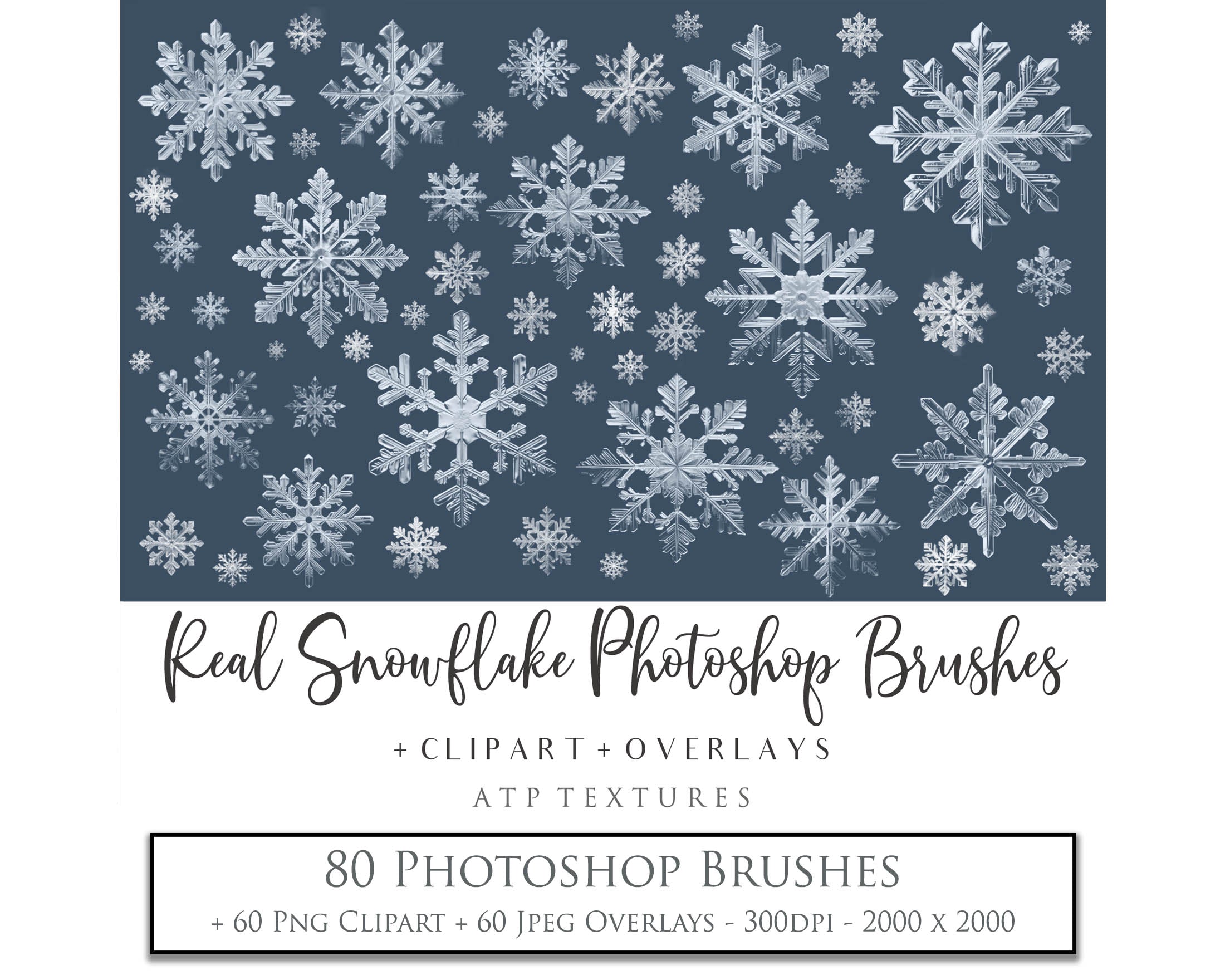 Real Snowflake Overlays & Brushes! A gorgeous addition to your beautiful photography, scrapbooking or digital art work! This set includes 60 Png Overlays 60 Jpeg Overlays 80 Photoshop brushes Instructions are included. All PNG overlays are 300dpi in high resolution.