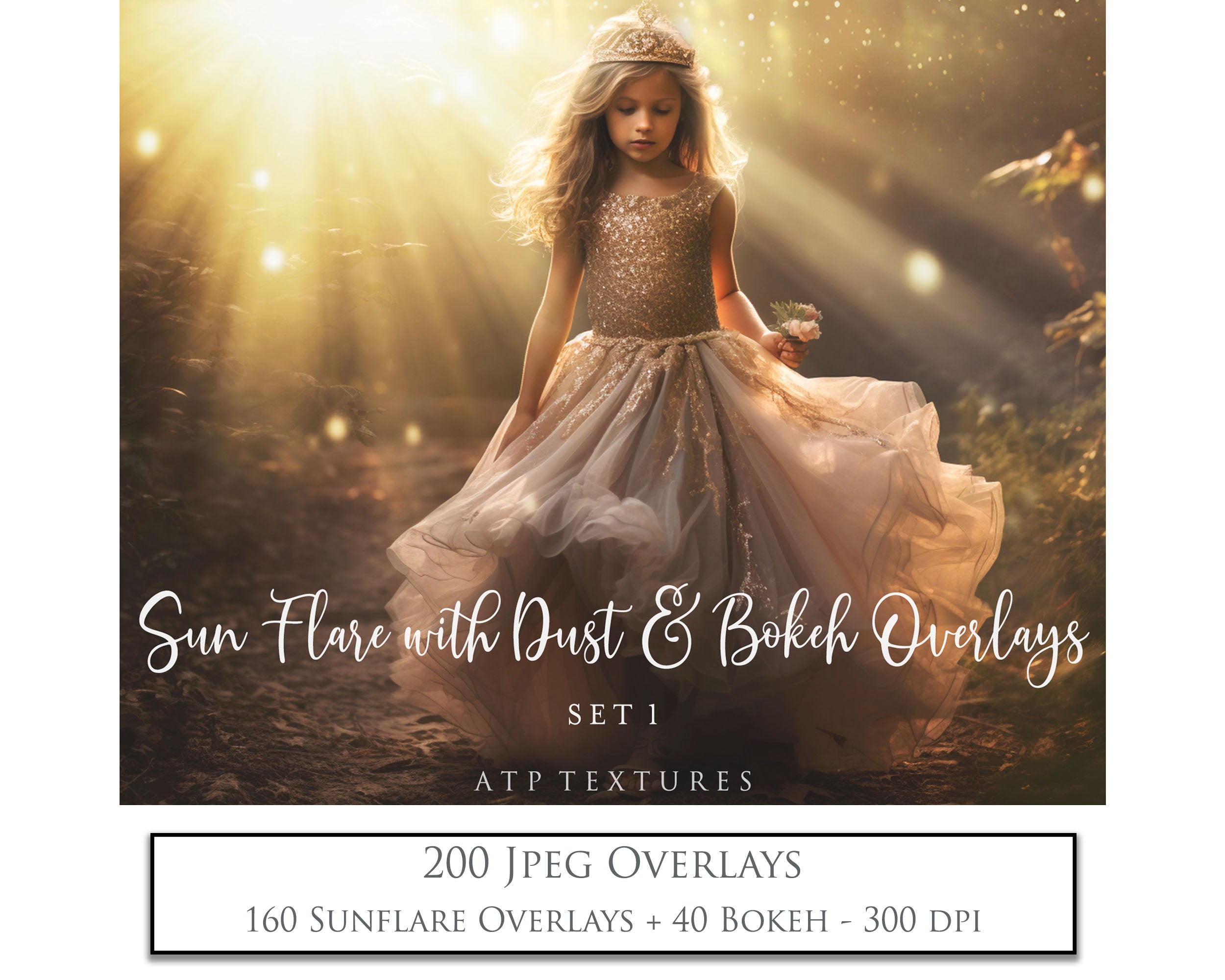 Sun Flare, Bokeh and Dust Jpeg Overlays. Photography Overlays for digital editing. Studio Portraiture and Photographer graphic assets and effects.  Golden lens light, Sunlight by ATP Textures