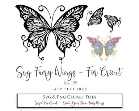 SVG & PNG Fairy/Angel Wing files for Cricut, Silhouette Cameo and other Cutting Machines. Create wearable fairy wings, all sizes. Perfect for Halloween Costumes, Fantasy, Cosplay, Photography. Prints, Wedding, Engagement, Baby Shower invitations, Sublimation Printing, Clip Art and more. Cut and assemble. ATP Textures.
