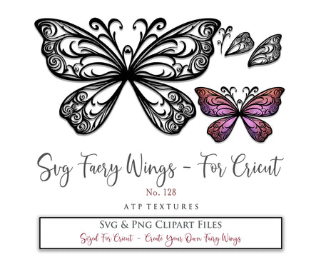 SVG & PNG Fairy/Angel Wing files for Cricut, Silhouette Cameo and other Cutting Machines. Create wearable fairy wings, all sizes. Perfect for Halloween Costumes, Fantasy, Cosplay, Photography. Prints, Wedding, Engagement, Baby Shower invitations, Sublimation Printing, Clip Art and more. Cut and assemble. ATP Textures.