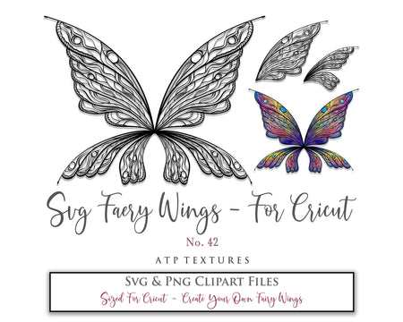 SVG & PNG Fairy/Angel Wing files for Cricut, Silhouette Cameo and other Cutting Machines. Create wearable fairy wings, all sizes. Perfect for Halloween Costumes, Fantasy, Cosplay, Photography. Prints, Wedding, Engagement, Baby Shower invitations, Sublimation Printing, Clip Art and more. Cut and assemble. ATP Textures.