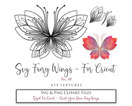 SVG & PNG Fairy/Angel Wing files for Cricut, Silhouette Cameo and other Cutting Machines. Create wearable fairy wings, all sizes. Perfect for Halloween Costumes, Fantasy, Cosplay, Photography. Prints, Wedding, Engagement, Baby Shower invitations, Sublimation Printing, Clip Art and more. Cut and assemble. ATP Textures.