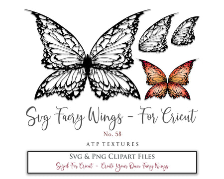 SVG & PNG Fairy/Angel Wing files for Cricut, Silhouette Cameo and other Cutting Machines. Create wearable fairy wings, all sizes. Perfect for Halloween Costumes, Fantasy, Cosplay, Photography. Prints, Wedding, Engagement, Baby Shower invitations, Sublimation Printing, Clip Art and more. Cut and assemble. ATP Textures.