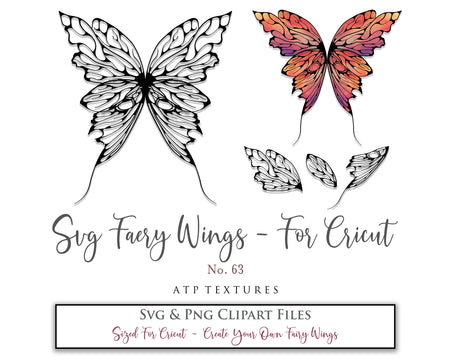 SVG & PNG Fairy/Angel Wing files for Cricut, Silhouette Cameo and other Cutting Machines. Create wearable fairy wings, all sizes. Perfect for Halloween Costumes, Fantasy, Cosplay, Photography. Prints, Wedding, Engagement, Baby Shower invitations, Sublimation Printing, Clip Art and more. Cut and assemble. ATP Textures.