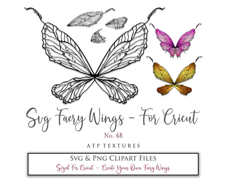 SVG & PNG Fairy/Angel Wing files for Cricut, Silhouette Cameo and other Cutting Machines. Create wearable fairy wings, all sizes. Perfect for Halloween Costumes, Fantasy, Cosplay, Photography. Prints, Wedding, Engagement, Baby Shower invitations, Sublimation Printing, Clip Art and more. Cut and assemble. ATP Textures.