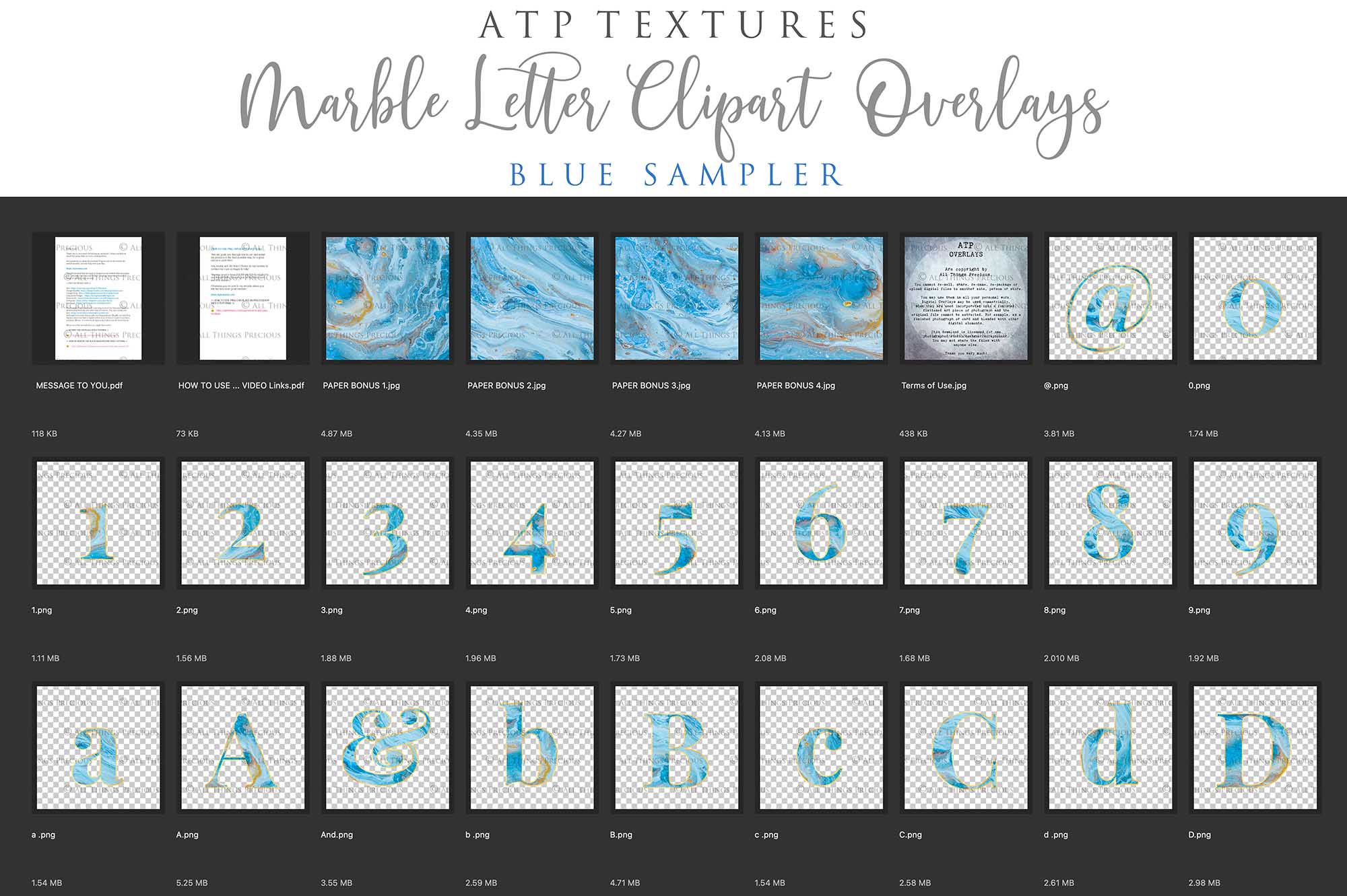 MARBLE LETTERS & NUMBERS  - BLUE - Clipart