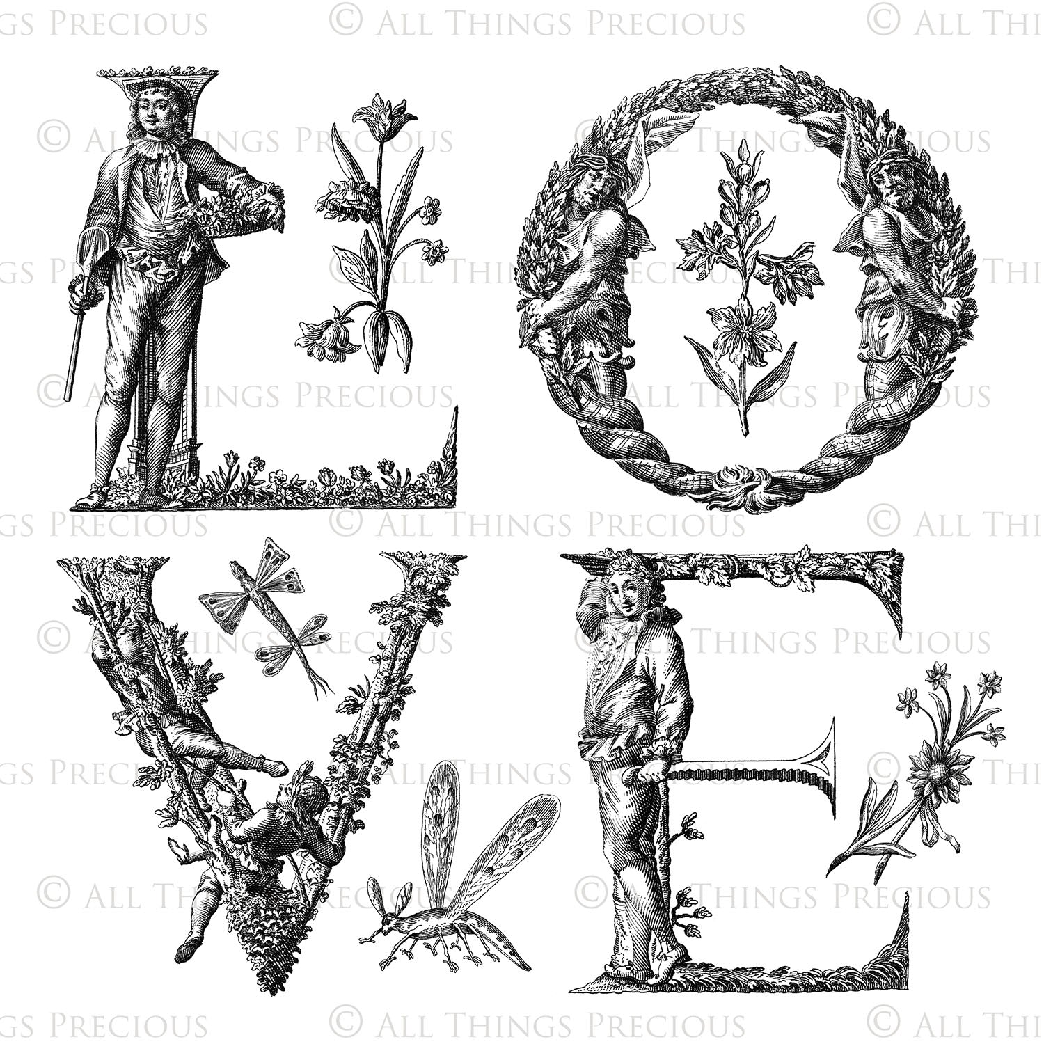 Photoshop brushes for photography and digital design.  Alphabet letters from medieval images. Flowers and bugs. High resolution digital files.  ATP Textures 