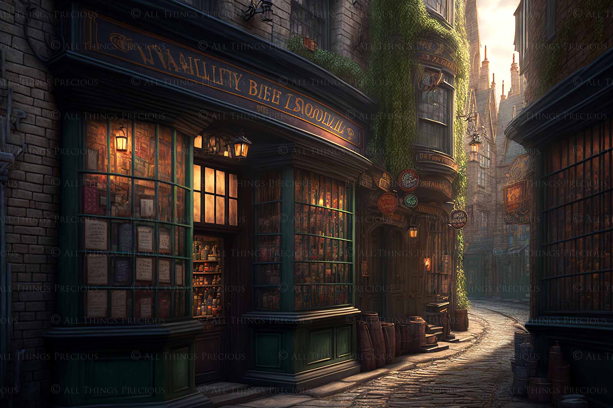Wizard Diagon Alley digital background. High resolution harry potter themed digital backdrops made in AI. With old english shops, cobbled streets and magical lighting, these would make beautiful backdrops.