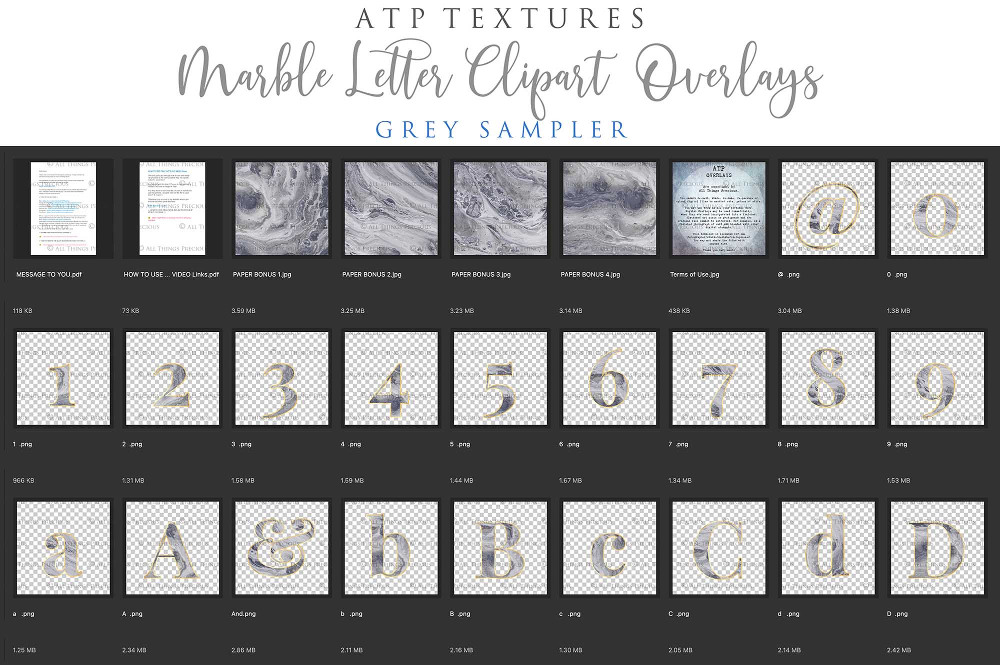 MARBLE LETTERS & NUMBERS  - GREY - Clipart