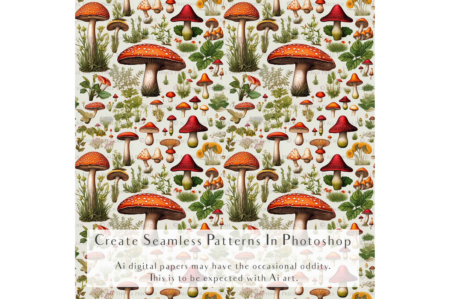 Digital scrapbooking paper. High resolution, Background, printable, print. Botanical mushroom Scrapbook, pattern. Seamless pattern.