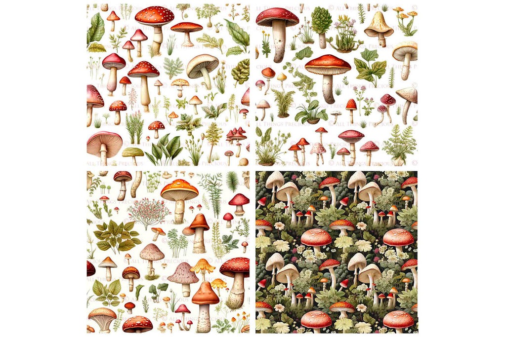 Digital scrapbooking paper. High resolution, Background, printable, print. Botanical mushroom Scrapbook, pattern. Seamless pattern.