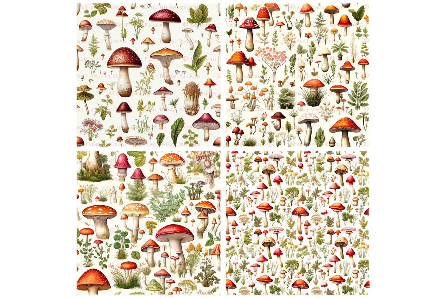 Digital scrapbooking paper. High resolution, Background, printable, print. Botanical mushroom Scrapbook, pattern. Seamless pattern.