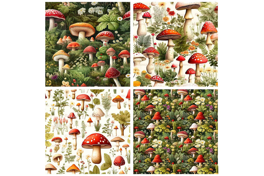 Digital scrapbooking paper. High resolution, Background, printable, print. Botanical mushroom Scrapbook, pattern. Seamless pattern.