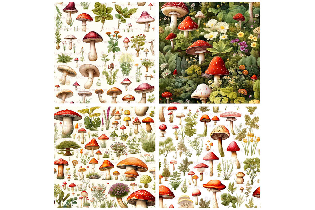 Digital scrapbooking paper. High resolution, Background, printable, print. Botanical mushroom Scrapbook, pattern. Seamless pattern.