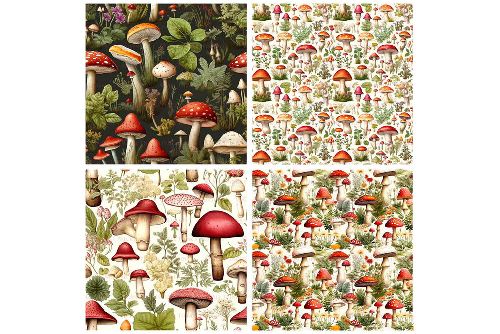 Digital scrapbooking paper. High resolution, Background, printable, print. Botanical mushroom Scrapbook, pattern. Seamless pattern.