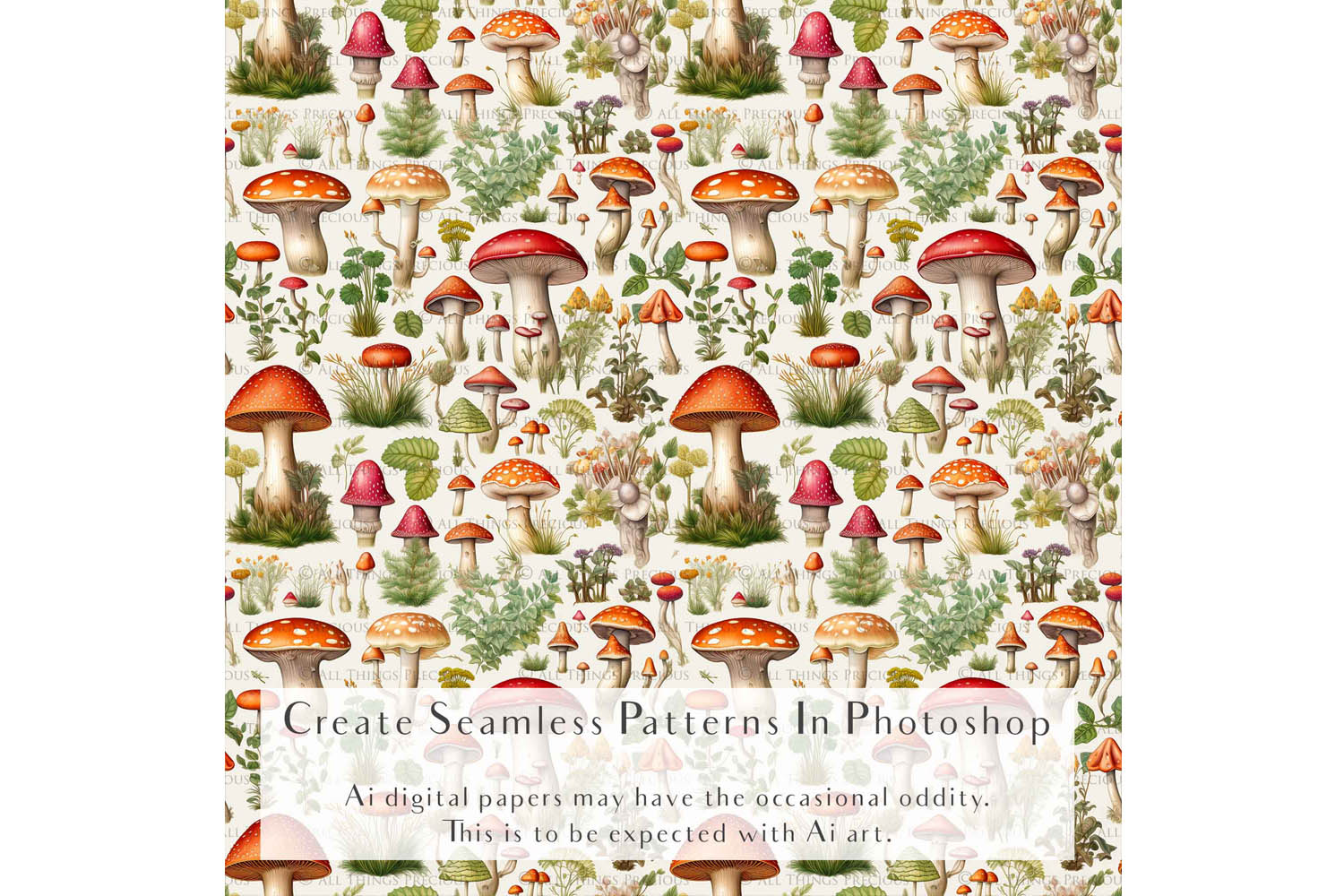 Digital scrapbooking paper. High resolution, Background, printable, print. Botanical mushroom Scrapbook, pattern. Seamless pattern.