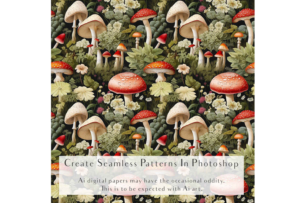 Digital scrapbooking paper. High resolution, Background, printable, print. Botanical mushroom Scrapbook, pattern. Seamless pattern.