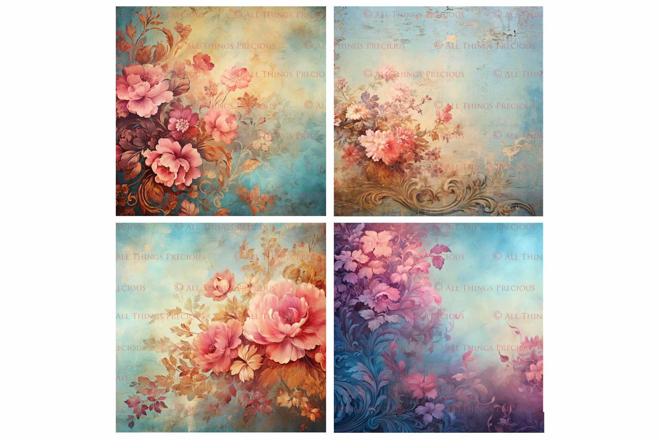 Digital Scrapbooking Papers. Each Paper is 300dpi and 4000 x 4000.These are in Jpeg format and high resolution. These files average between 4MB to 7MB each. This is a digital product. Floral Grunge Wallpaper in Soft Blue, green and pink colours. ATP Textures