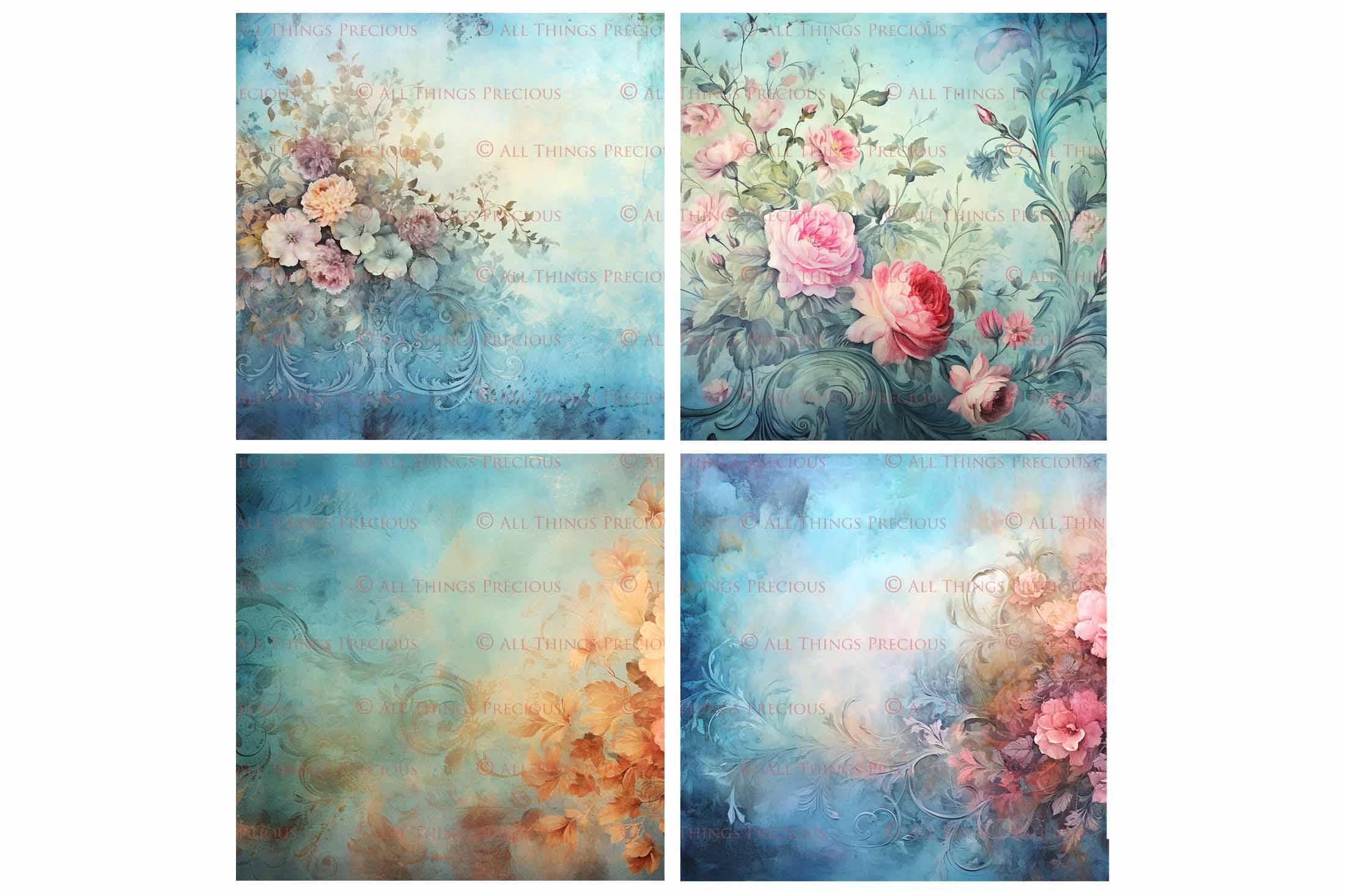 Digital Scrapbooking Papers. Each Paper is 300dpi and 4000 x 4000.These are in Jpeg format and high resolution. These files average between 4MB to 7MB each. This is a digital product. Floral Grunge Wallpaper in Soft Blue, green and pink colours. ATP Textures