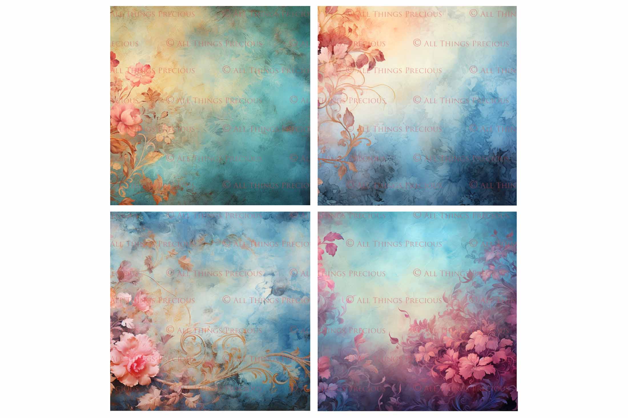 Digital Scrapbooking Papers. Each Paper is 300dpi and 4000 x 4000.These are in Jpeg format and high resolution. These files average between 4MB to 7MB each. This is a digital product. Floral Grunge Wallpaper in Soft Blue, green and pink colours. ATP Textures