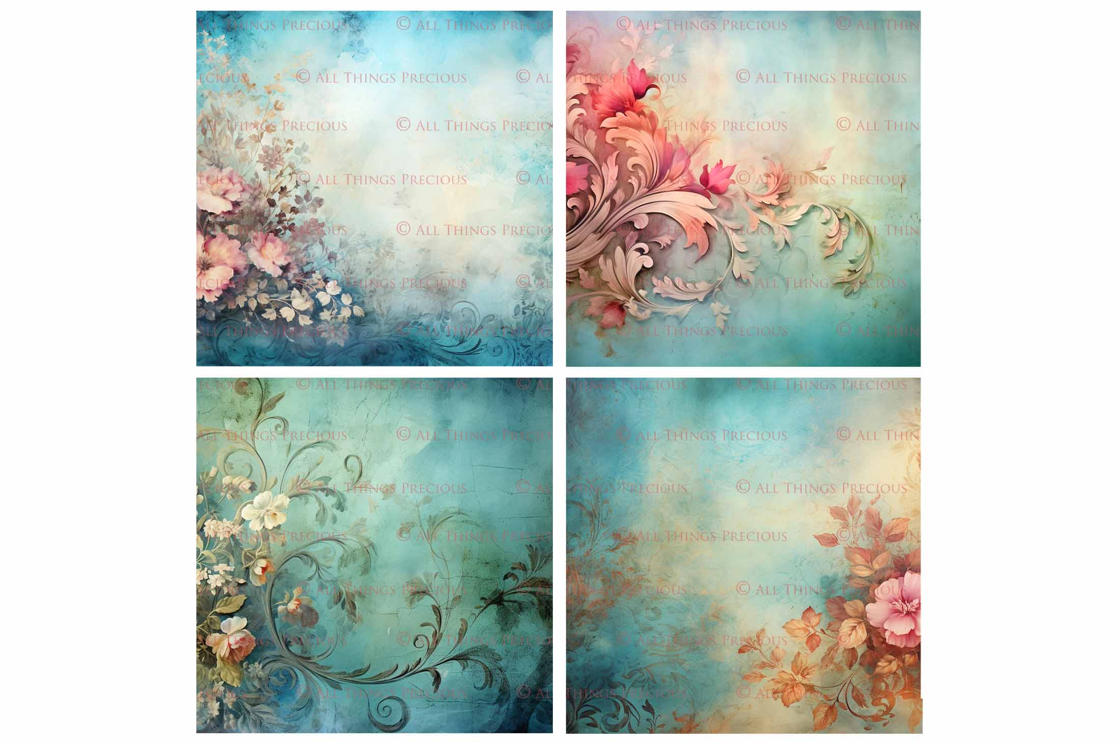 Digital Scrapbooking Papers. Each Paper is 300dpi and 4000 x 4000.These are in Jpeg format and high resolution. These files average between 4MB to 7MB each. This is a digital product. Floral Grunge Wallpaper in Soft Blue, green and pink colours. ATP Textures