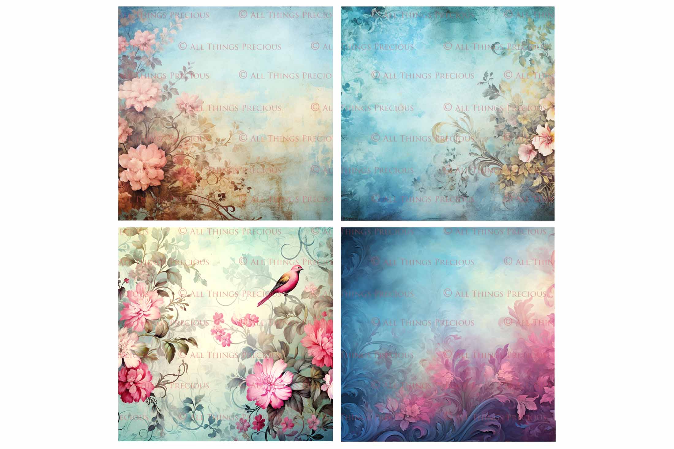 Digital Scrapbooking Papers. Each Paper is 300dpi and 4000 x 4000.These are in Jpeg format and high resolution. These files average between 4MB to 7MB each. This is a digital product. Floral Grunge Wallpaper in Soft Blue, green and pink colours. ATP Textures