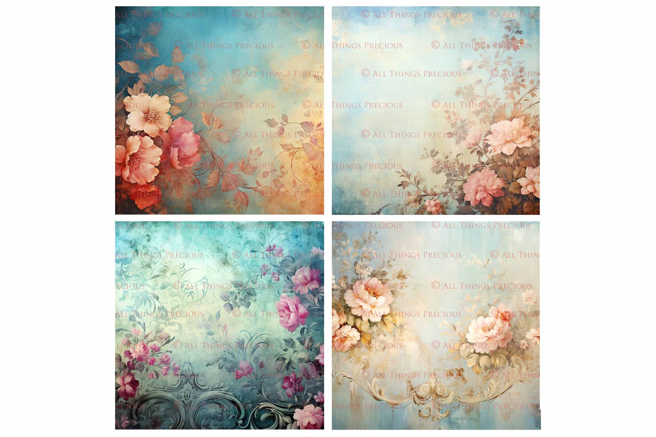 Digital Scrapbooking Papers. Each Paper is 300dpi and 4000 x 4000.These are in Jpeg format and high resolution. These files average between 4MB to 7MB each. This is a digital product. Floral Grunge Wallpaper in Soft Blue, green and pink colours. ATP Textures