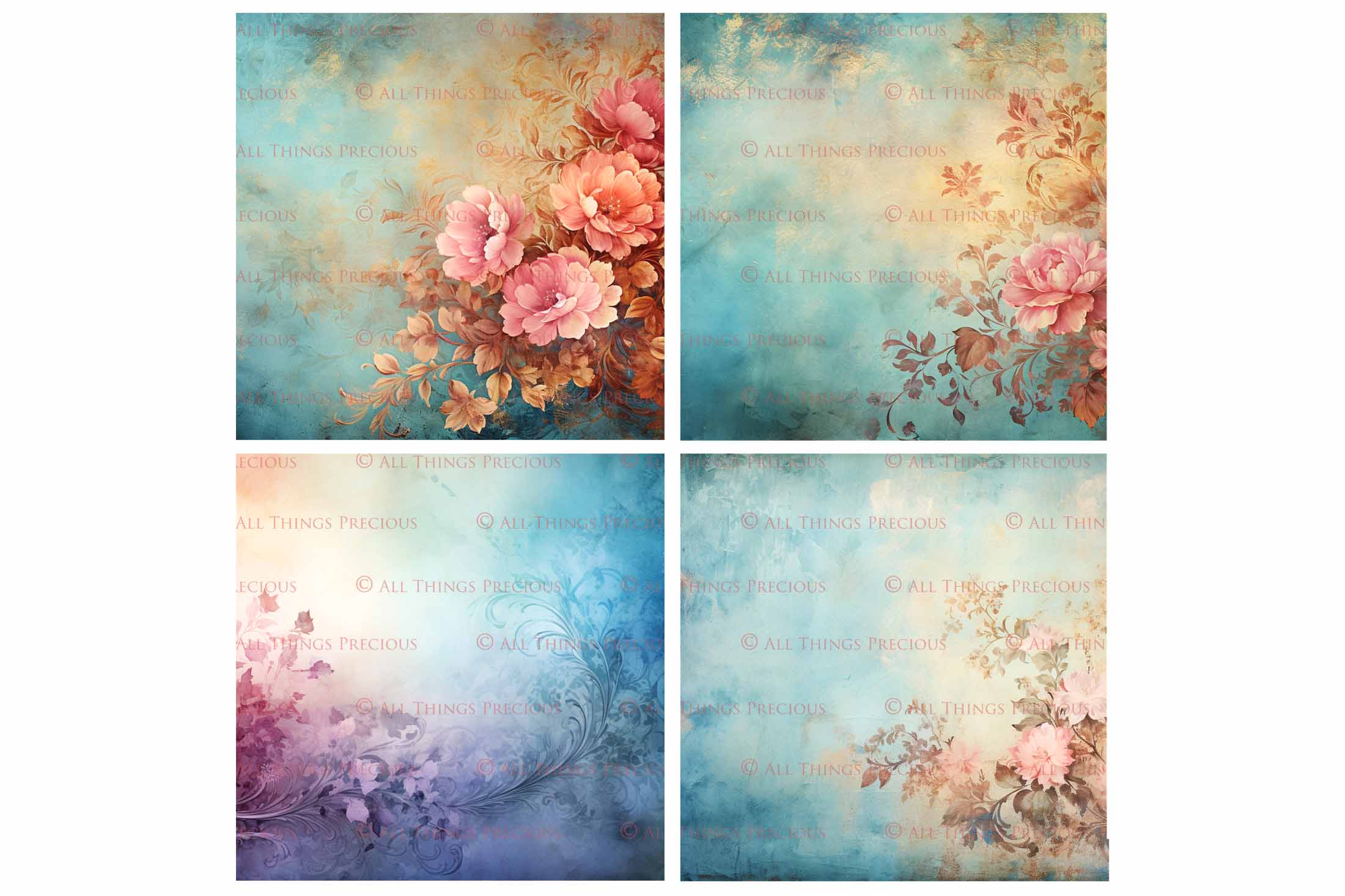 Digital Scrapbooking Papers. Each Paper is 300dpi and 4000 x 4000.These are in Jpeg format and high resolution. These files average between 4MB to 7MB each. This is a digital product. Floral Grunge Wallpaper in Soft Blue, green and pink colours. ATP Textures