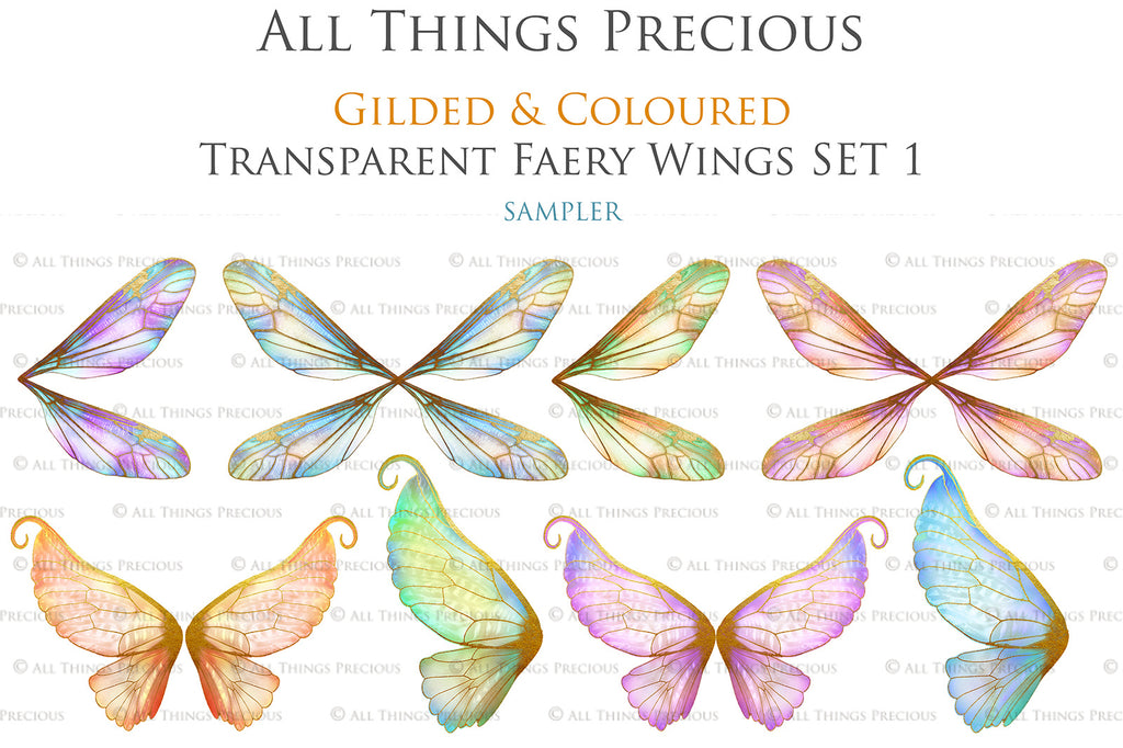 Colour Sparkling fairy wings, Png overlays for photoshop. High resolution transparent, see through wings. Fairycore, Cosplay, Photographers, Photoshop Edits, Digital overlay for photography. Digital stock and resources. Graphic design. Colourful, Gold, Fantasy Wing Bundle. Assets for Fine Art design. By ATP Textures