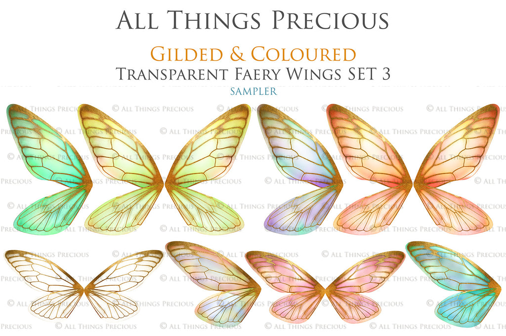 Colour Sparkling fairy wings, Png overlays for photoshop. High resolution transparent, see through wings. Fairycore, Cosplay, Photographers, Photoshop Edits, Digital overlay for photography. Digital stock and resources. Graphic design. Colourful, Gold, Fantasy Wing Bundle. Assets for Fine Art design. By ATP Textures