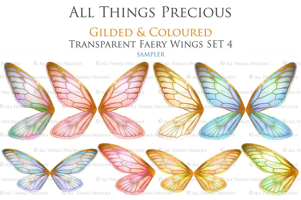 Colour Sparkling fairy wings, Png overlays for photoshop. High resolution transparent, see through wings. Fairycore, Cosplay, Photographers, Photoshop Edits, Digital overlay for photography. Digital stock and resources. Graphic design. Colourful, Gold, Fantasy Wing Bundle. Assets for Fine Art design. By ATP Textures