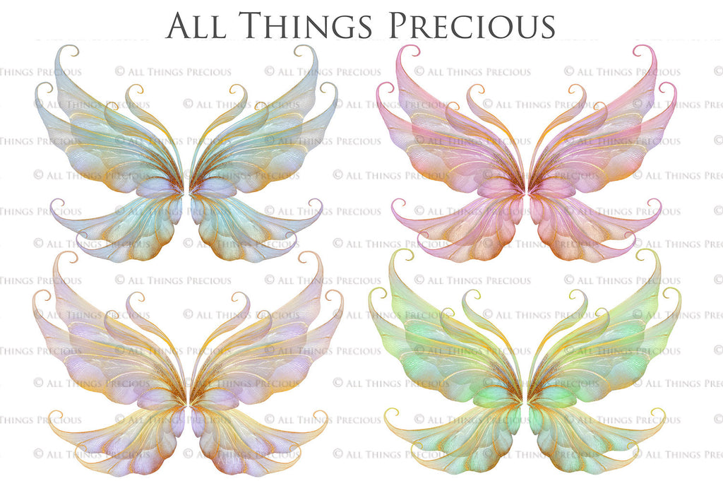 Colour Sparkling fairy wings, Png overlays for photoshop. High resolution transparent, see through wings. Fairycore, Cosplay, Photographers, Photoshop Edits, Digital overlay for photography. Digital stock and resources. Graphic design. Colourful, Gold, Fantasy Wing Bundle. Assets for Fine Art design. By ATP Textures