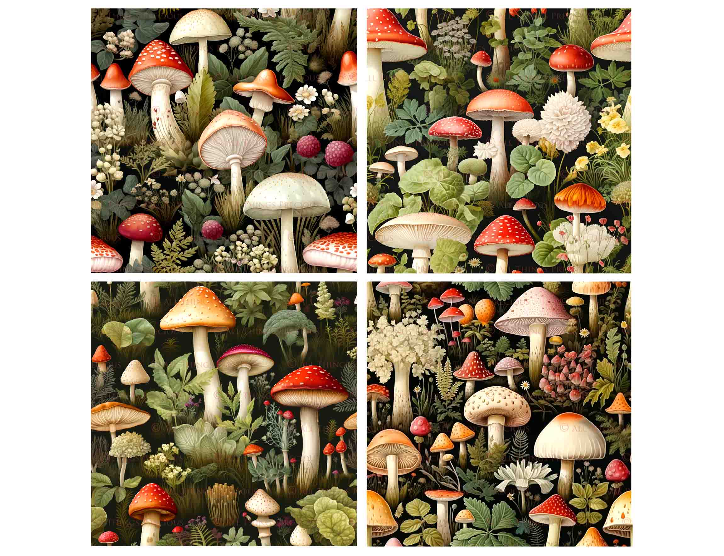 Digital scrapbooking paper. High resolution, Background, printable, print. Botanical mushroom Scrapbook, pattern. Seamless pattern.