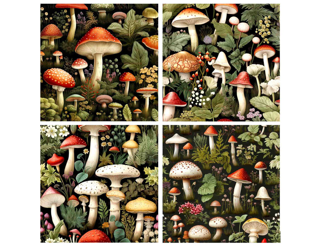 Digital scrapbooking paper. High resolution, Background, printable, print. Botanical mushroom Scrapbook, pattern. Seamless pattern.