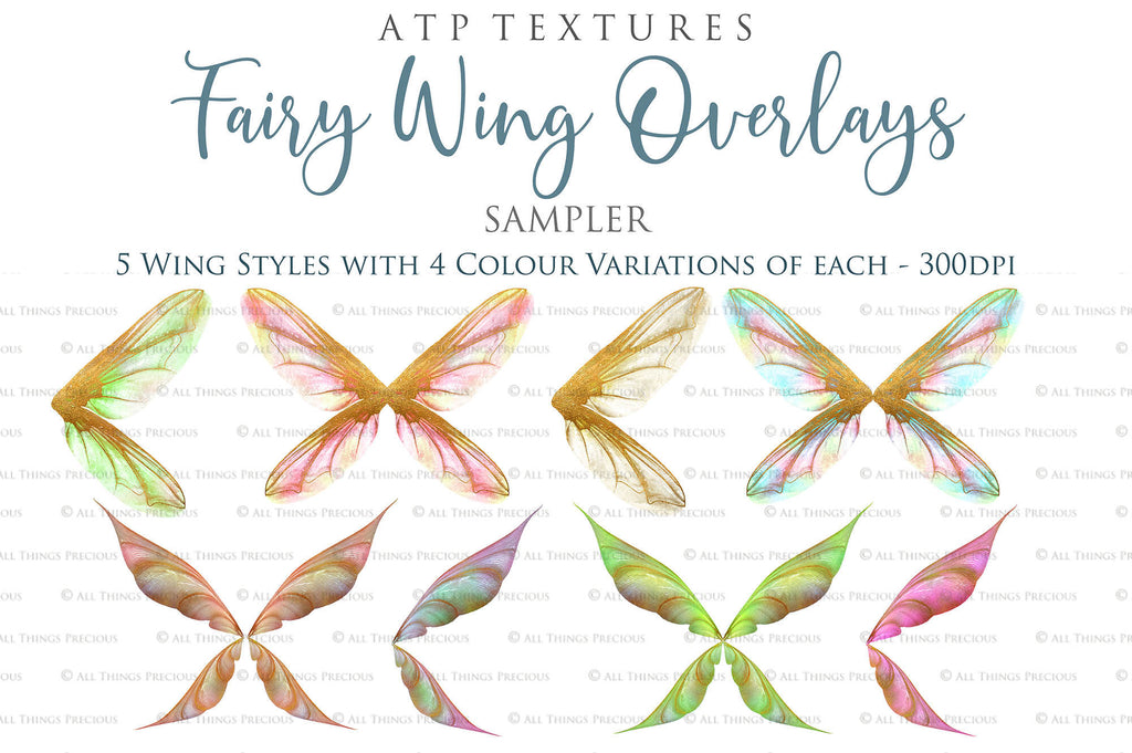 Colour Sparkling fairy wings, Png overlays for photoshop. High resolution transparent, see through wings. Fairycore, Cosplay, Photographers, Photoshop Edits, Digital overlay for photography. Digital stock and resources. Graphic design. Colourful, Gold, Fantasy Wing Bundle. Assets for Fine Art design. By ATP Textures