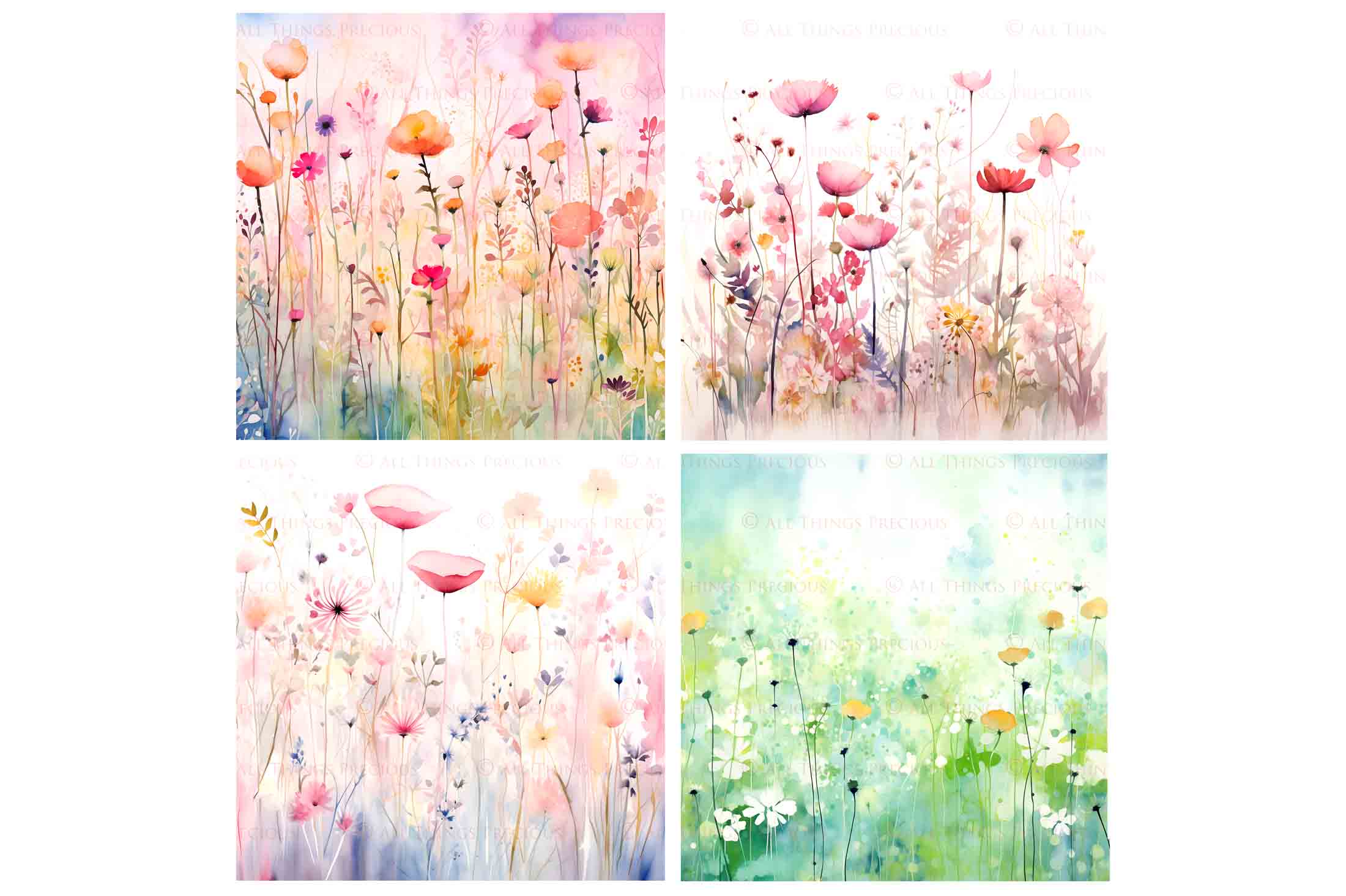 Digital Scrapbooking Papers. Each Paper is 300dpi and 5000 x 5000. High resolution printable background. Wild Flowers watercolour in pastel pink, blue, green. ATP Textures.